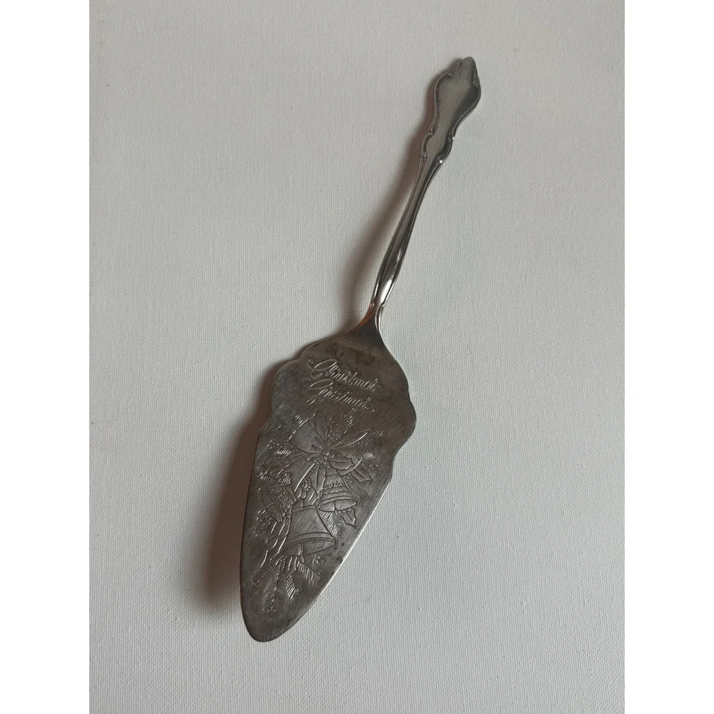 Vintage Christmas Greetings Silver Tone Pie Cake Server Holiday Bells Engraved